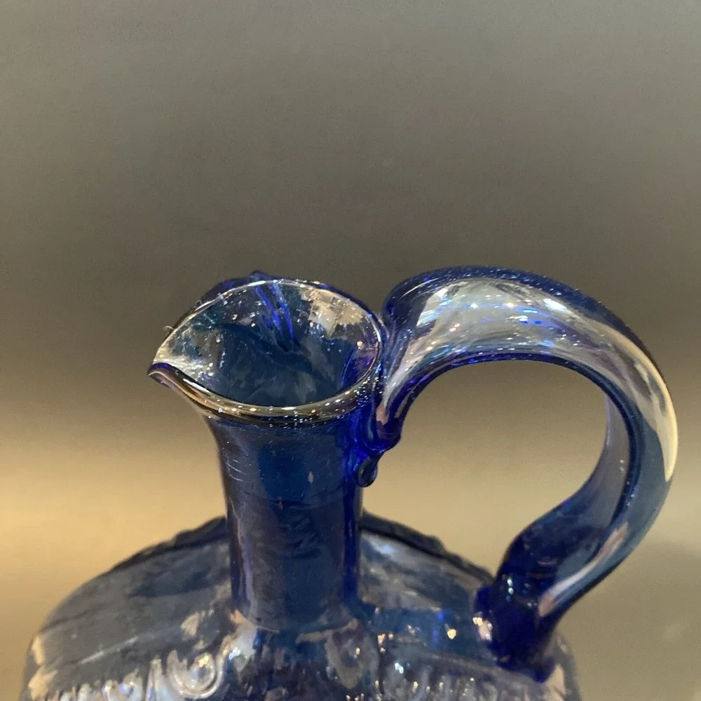 Vintage Hand Blown Cobalt Blue Raised Design Pitcher Vase Handled Jug 9.5